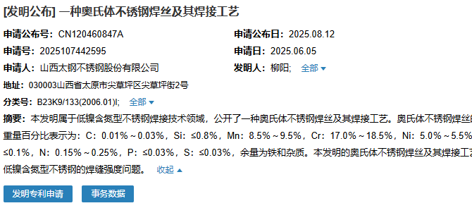 山西太鋼成功申請一項名為“一種奧氏體不銹鋼焊絲及其焊接工藝”專利